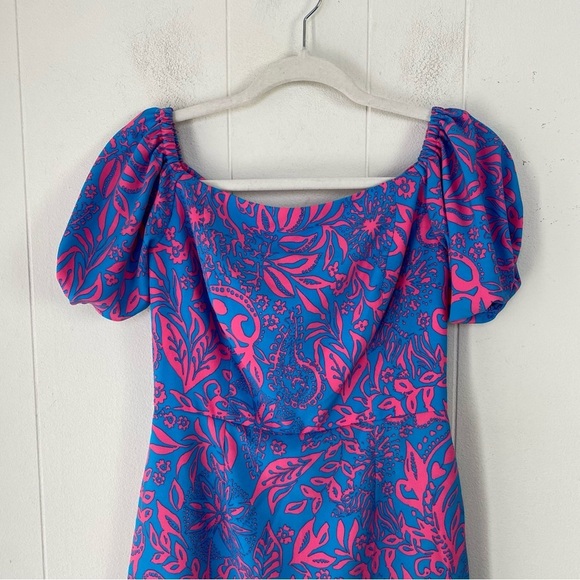 Lilly Pulitzer Jada Off-The-Shoulder Romper  Size 0 Pink Blue Missing Tie Waist - Picture 4 of 15